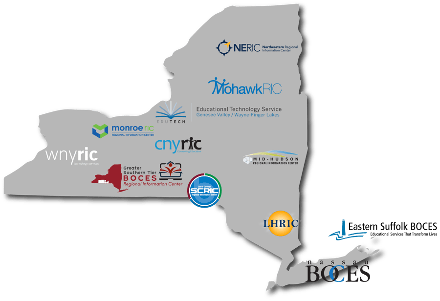 A map of New York State highlighting all 12 Regional Information Centers (RICs), each marked to represent their geographic locations and service areas.