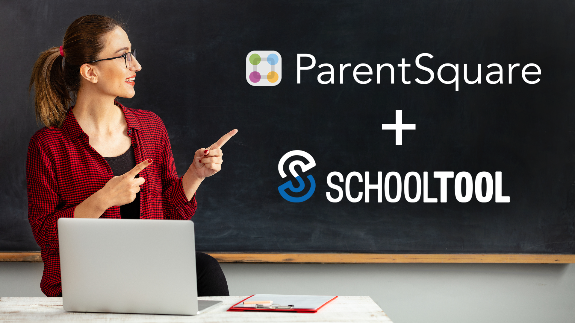 Teacher pointing to ParentSquare and SchoolTool partnership announcement on blackboard