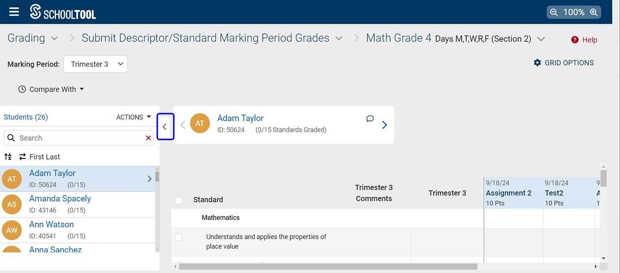 Screenshot of the updated Submit Descriptor/Standard Marking Period Grades Screen, highlighting enhancements for an improved grade submission experience.